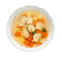 Bowl of tasty soup on white background