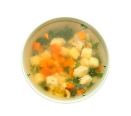 Bowl of tasty soup on white background
