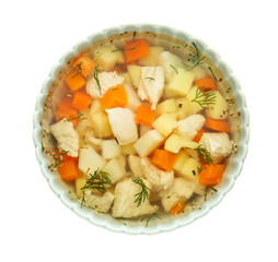 Bowl of tasty soup on white background