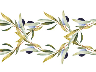 Seamless border of black olive tree branches. Hand drawn watercolor illustration. Decorative design elements.