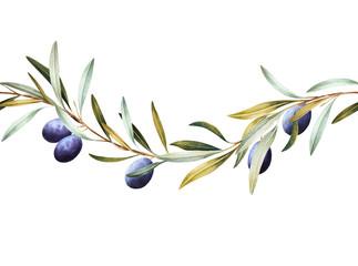 Seamless border of black olive tree branches. Hand drawn watercolor illustration. Decorative design elements.