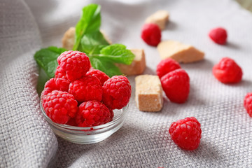 Fresh raspberries with sugar on napkin