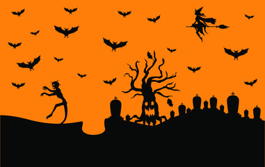 Vector illustrations of Halloween banner with zombie on graveyard