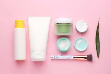 Set of cosmetic products on color background
