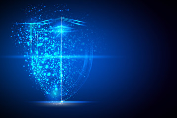 Shield of glowing particles with flares and flashes , polygonal , technology , networking , abstract digital hi tech technology innovation concept vector background