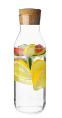 Bottle of tasty infused water on white background
