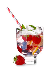Glass of tasty infused water on white background