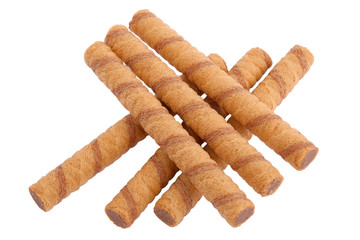 Wafer rolls with chocolate and cocoa filling isolated on white