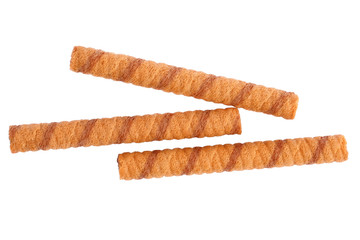 Wafer rolls with chocolate and cocoa filling isolated on white