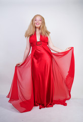 Fashion Asian Blonde Model in Red Beauty Long Dress