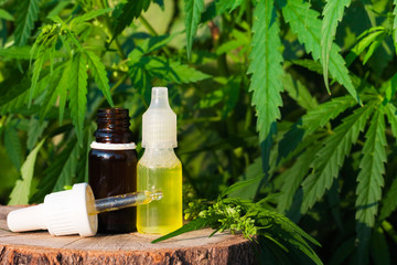 Pharmaceutical CBD oil. Herbal organic medicine product. Natural herb essential from nature. Bottle cure CBD oil