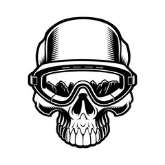 Black and white illustration of a skull in ski glasses