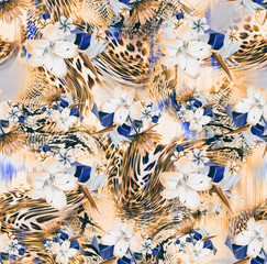 Flowers and Leopard pattern, silk scarf design, fashion textile.Seamless pattern