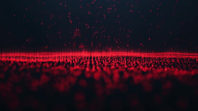 Abstract motion background of shining particles. Digital signature with wave particles, sparkle. Beautiful red floating particles with shine light rise up. Seamless Loopable 3D 4K.