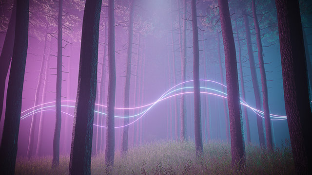 Mystical foggy forest in ultra violet neon lighting with light trails splines. Dark and mysterious scene. 3d render