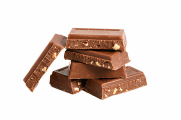 Stack of almonds chocolate isolated on white background.