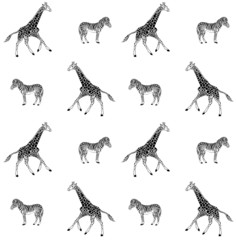 Vector seamless pattern of hand drawn doodle sketch giraffe and zebra isolated on white background