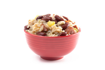 Bowl of Red Beans and Rice with Sausage and Vegetables