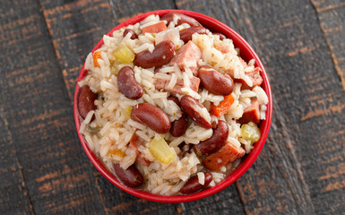 Bowl of Red Beans and Rice with Sausage and Vegetables