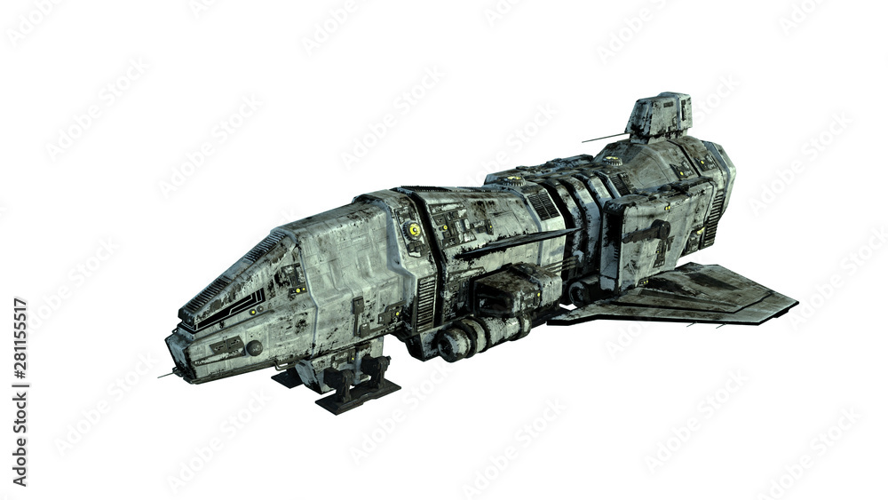 Wall mural old alien spaceship, ufo spacecraft in flight isolated on white background, 3d rendering