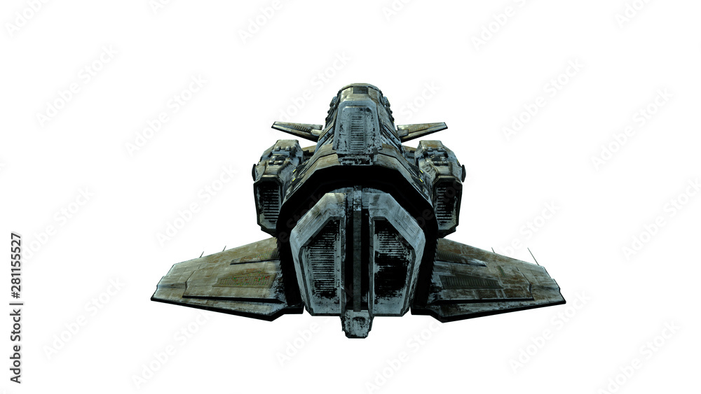 Wall mural old alien spaceship, ufo spacecraft in flight isolated on white background, back view, 3d rendering