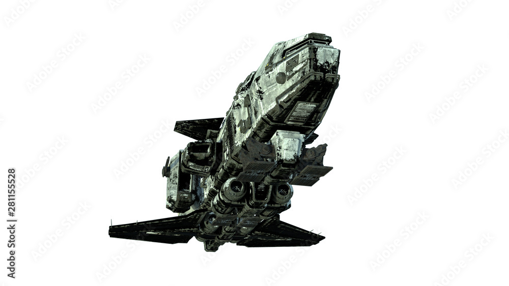 Sticker old alien spaceship, ufo spacecraft in flight isolated on white background, bottom view, 3d renderin