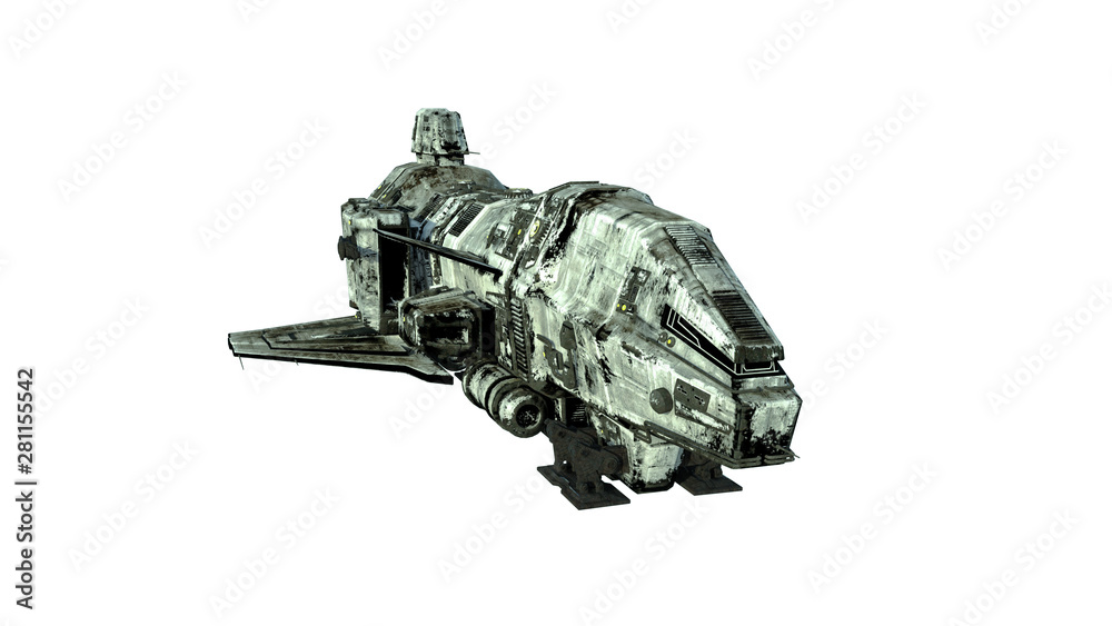 Wall mural old alien spaceship, ufo spacecraft in flight isolated on white background, front view, 3d rendering