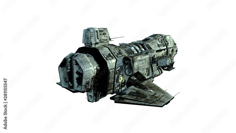Sticker old alien spaceship, ufo spacecraft in flight isolated on white background, rear view, 3d rendering
