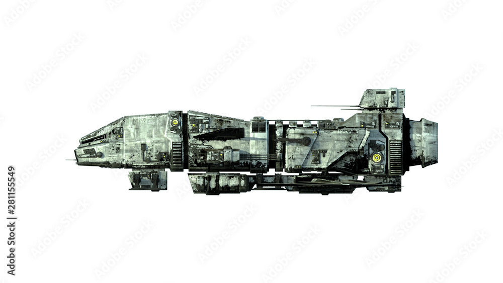 Wall mural old alien spaceship, ufo spacecraft in flight isolated on white background, side view, 3d rendering