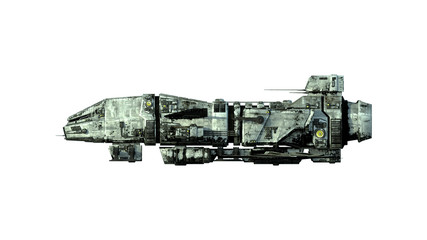 Old alien spaceship, UFO spacecraft in flight isolated on white background, side view, 3D rendering