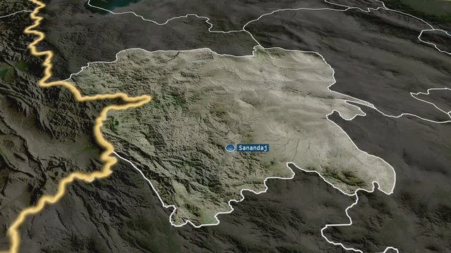 Kordestan - province of Iran with its capital zoomed on the satellite map of the globe. Animation 3D