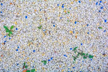 Gravel texture of white, yellow, blue natural stone rubble, green grass plants