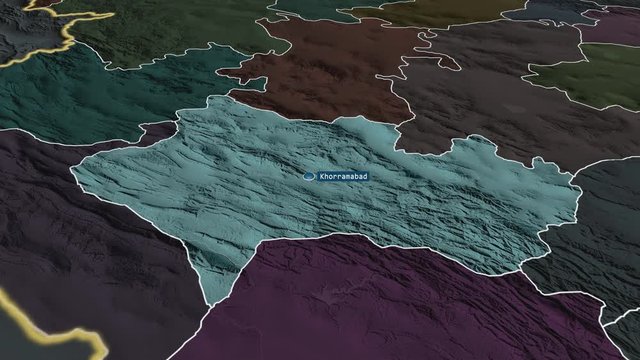 Lorestan - province of Iran with its capital zoomed on the administrative map of the globe. Animation 3D