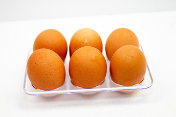 brown Eggs have water droplets in plastic box on white background.