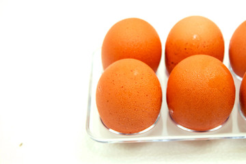 Close up macro at Cold brown Eggs with droplet on white background.