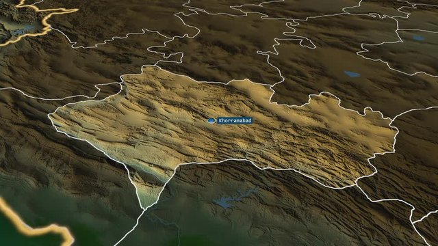Lorestan - province of Iran with its capital zoomed on the physical map of the globe. Animation 3D