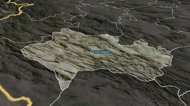 Lorestan - province of Iran with its capital zoomed on the satellite map of the globe. Animation 3D