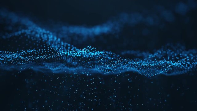 Abstract motion background of shining particles, digital wave, sparkling blue particles. Beautiful blue floating particles with shine light fall down. Seamless Loopable 3D. 4K
