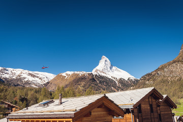 Matterhorn Mount Scenery Over City Old Town of Zermatt, Switzerland., Cityscape of Countryside and Natural Alpine of Travel Destination in Swiss, Mountain Range of Alps, Nature Scene Background.