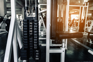 Weights Lifting Rack in Fitness Club., Bodybuilder Sport Equipment Barbell for Shoulders Muscle Exercising and Workout Machine in Gym Background., Leisure Activities and Sport Exercised Concept.
