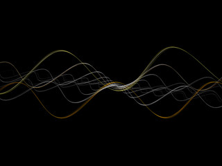 Illustration - Sound Waves, electric oscilloscope, jagged neon lines representing sound or pulse. Visualization of audio, abstract background image with curved circular glowing lines of energy.
