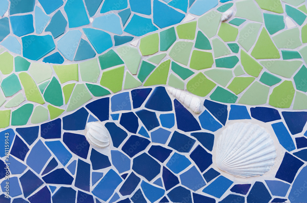 Poster Colorful mosaic tile pattern with seashell decoration