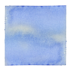 Abstract watercolor background. Square frame with natural edges, flooded with blue watercolor. Hand-drawn illustration on texture paper.