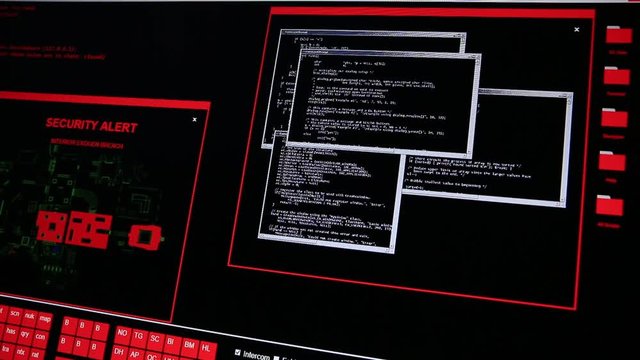 Running hacker like computer codes and information on digital screen