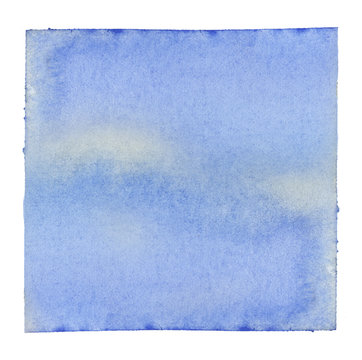 Abstract watercolor background. Square frame with natural edges, flooded with blue watercolor. Hand-drawn illustration on texture paper.