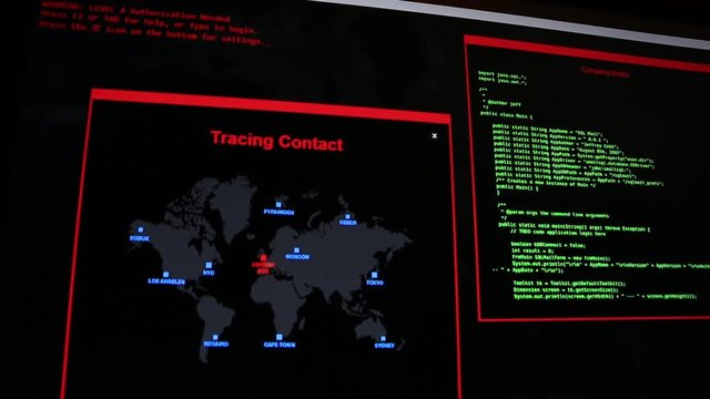 Running hacker like computer codes and information on digital screen