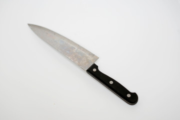 Various kitchen knives with black handle isolated with white background