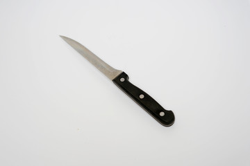 Various kitchen knives with black handle isolated with white background
