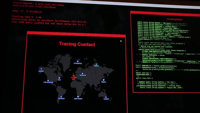 Running hacker like computer codes and information on digital screen