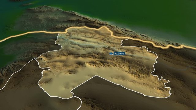 North Khorasan - province of Iran with its capital zoomed on the physical map of the globe. Animation 3D